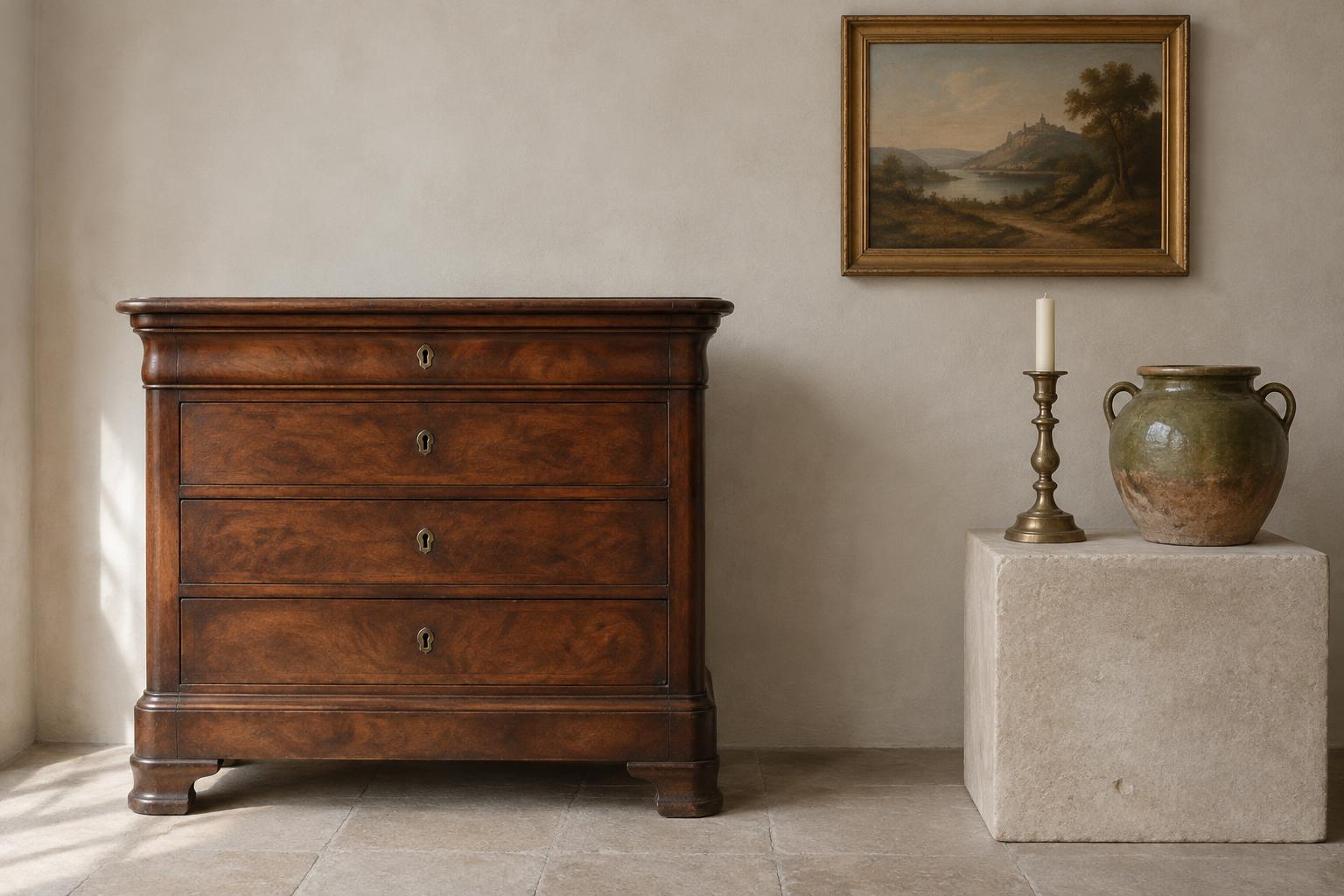 Commode en noyer, tableau ancien et objets patinés